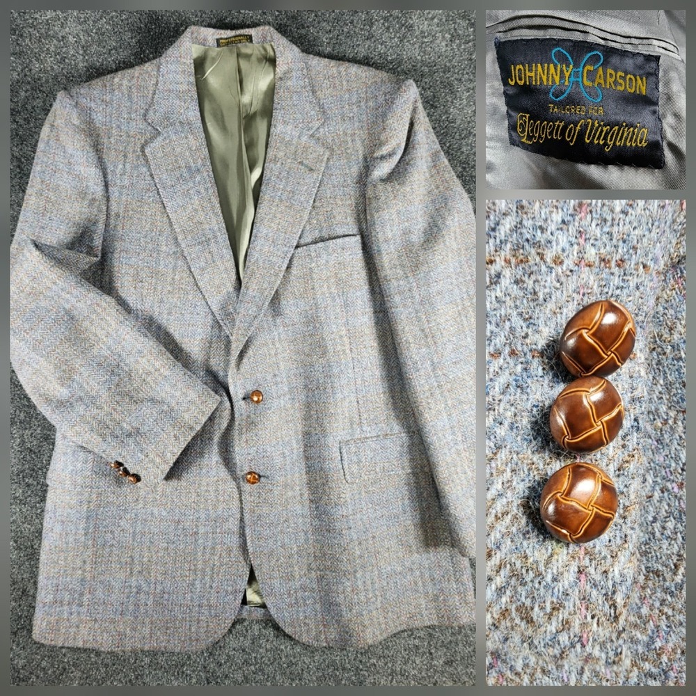 VTG Johnny Carson Tweed Gray Herringbone Wool Sport Coat Blazer Wood Buttons 43R